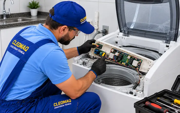 Técnico consertando máquina de lavar a domicílio